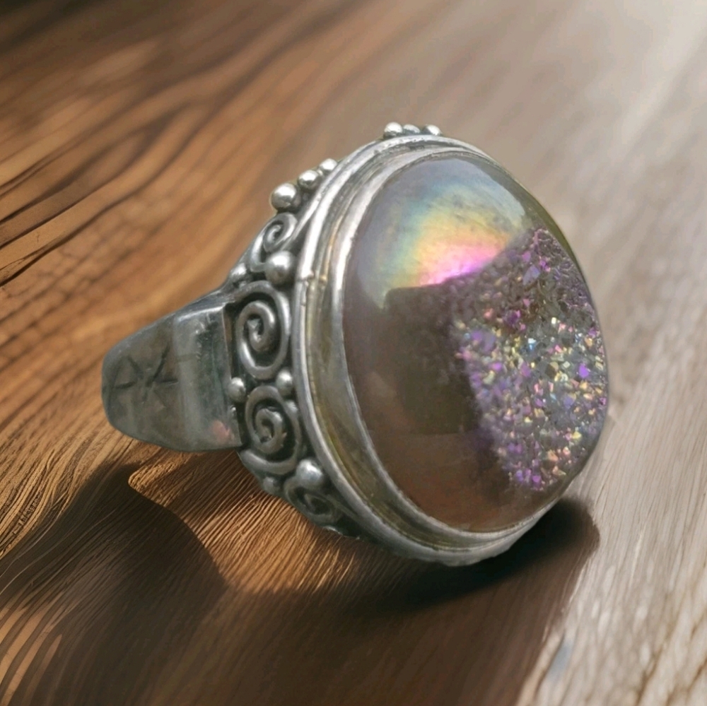 Vintage Geode Sterling Silver Handcrafted Ring Sz 8.75 Well Made 13 grams